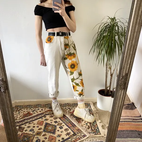 Fashion sunflower print loose jeans - Leanarea.chimpone.com 
