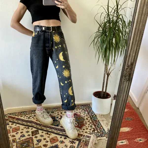 New Trend Sun Moon And Stars Printed Black Jeans - Leanarea.chimpone.com 