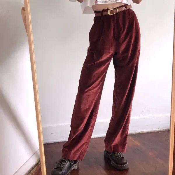 Retro Casual Wine Red Corduroy Loose Fitting Pants - Leanarea.chimpone.com 