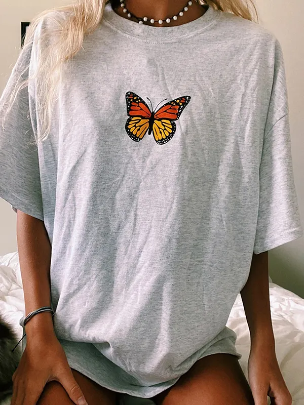 Casual Grey Butterfly Print T-shirt - Inkshe.com 