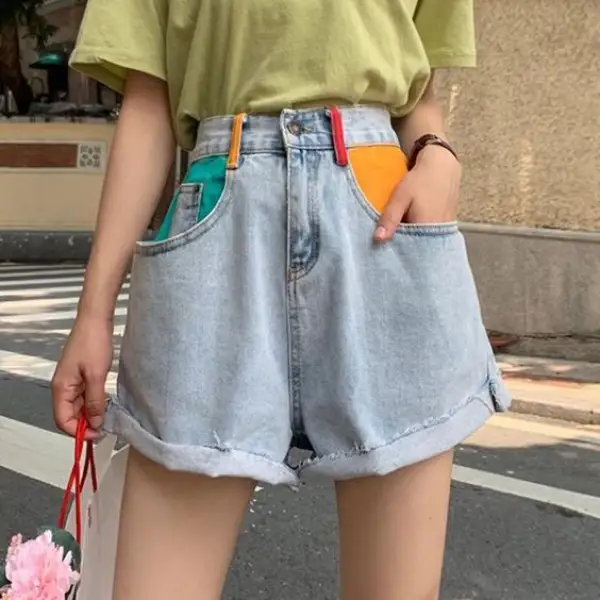 Women's summer contrast denim shorts - Leanarea.chimpone.com 