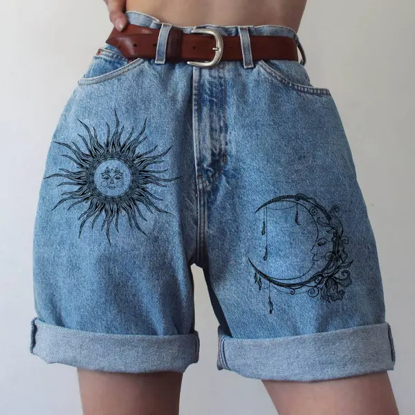 Summer Fashion Sun And Moon Printed Denim Shorts - Leanarea.chimpone.com 