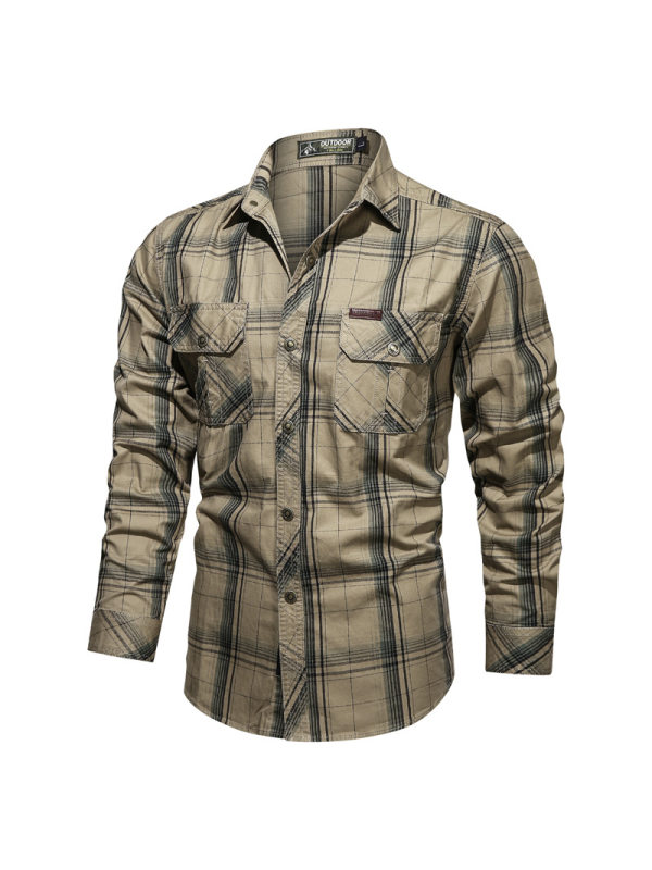 Mens tooling plus size casual shirt autumn cotton plaid long sleeved shirt