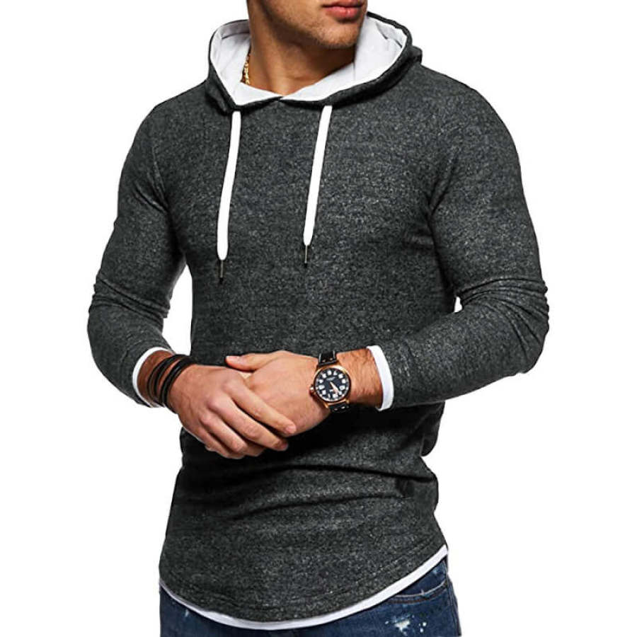 

Stitched hem arc-shaped X-shaped leather label design long-sleeved hooded sweatshirt