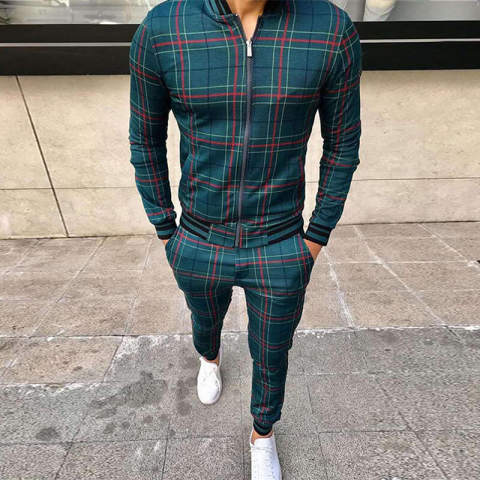 Mens fashion checkered ribbed stitching zipper leisure sports suit