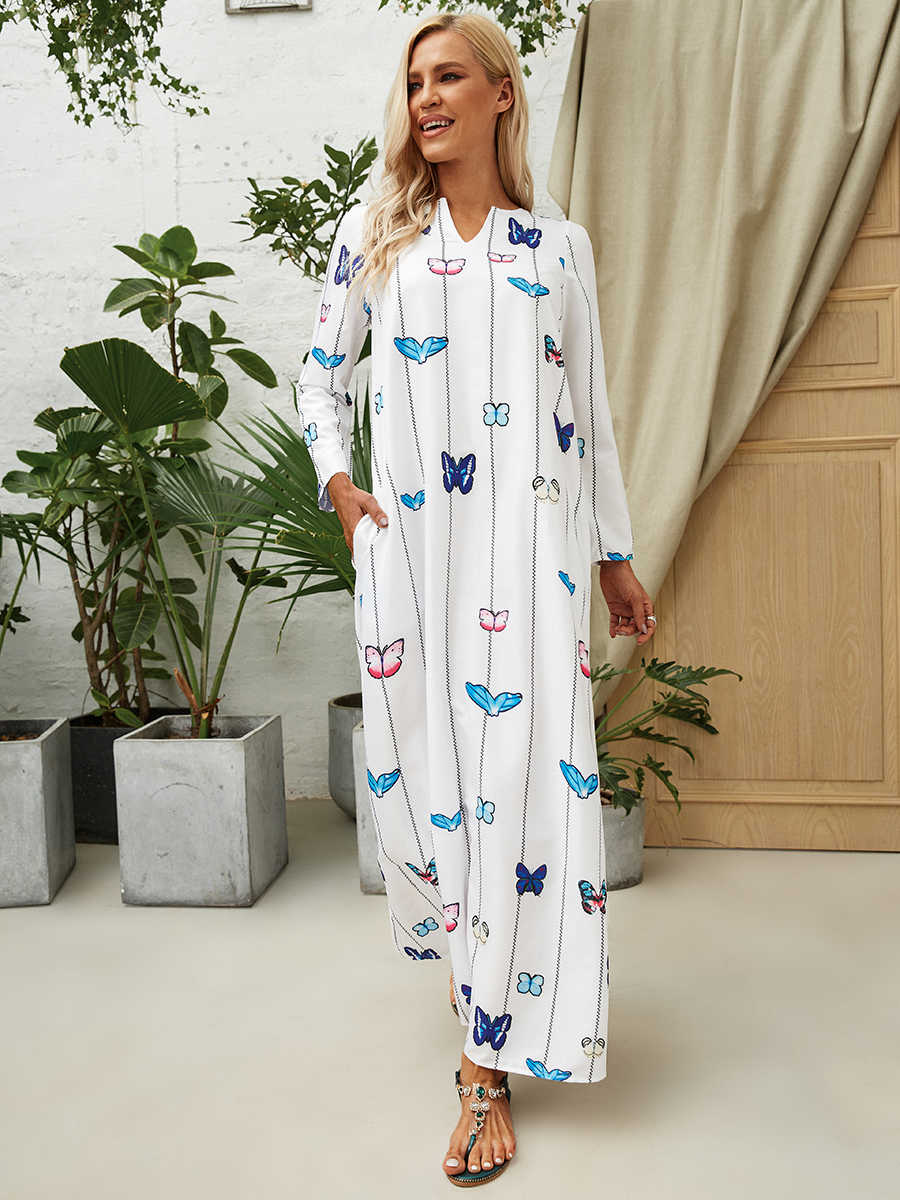 Butterfly Print Dress V-neck Long Sleeve Rag Dress