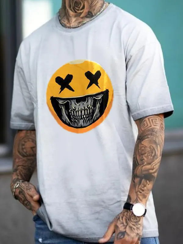 Street smiley print short sleeve T-shirt - Inkshe.com 