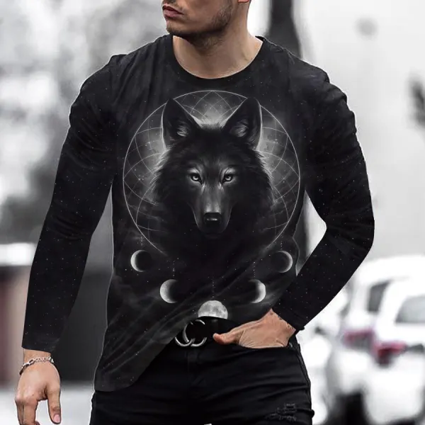 Fashion wolf print long sleeve T-shirt - Leanarea.chimpone.com 
