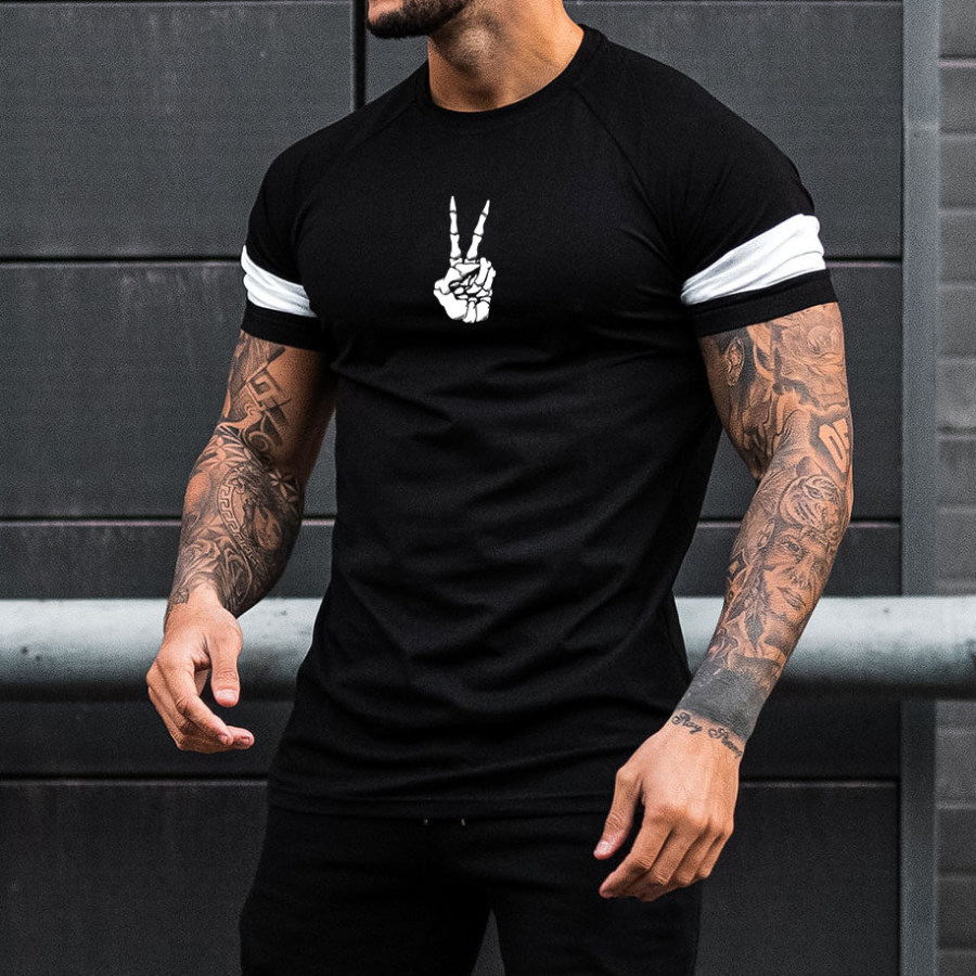 

Men's Fashion Casual Skull Finger Colorblock Print T-Shirt