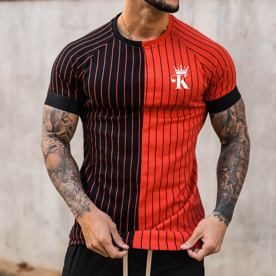 

Men's Fashion Peach Heart KING Striped Colorblock Print Casual Short Sleeve T-Shirt