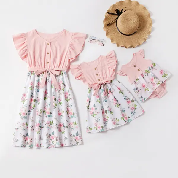 Round Neck Flower Printed Mom Girl Matching Dress - Popopiestyle.com 