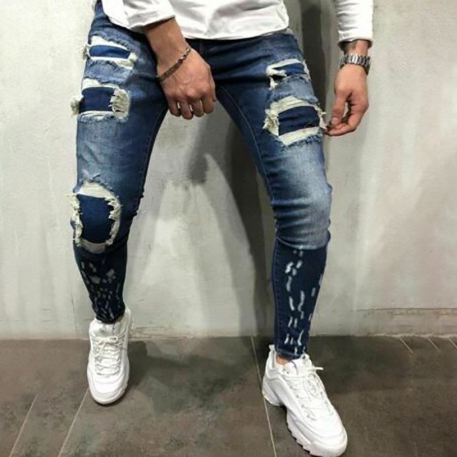 

Men's casual fashion ripped zipper slim-fit denim trousers