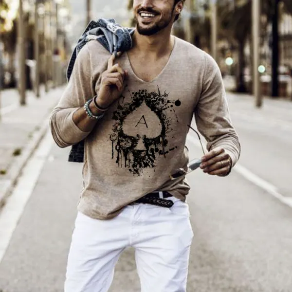 Mens Fashion Poker Print Long Sleeve V-neck Top - Leanarea.chimpone.com 