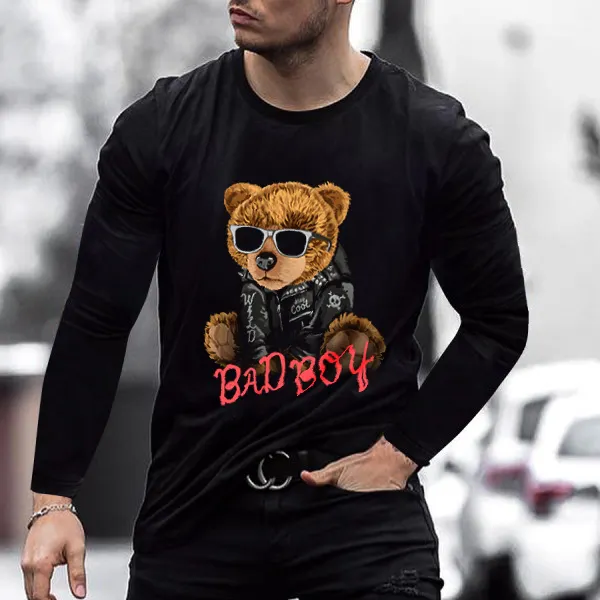 Contrasting letter bear print long sleeve T-shirt - Leanarea.chimpone.com 