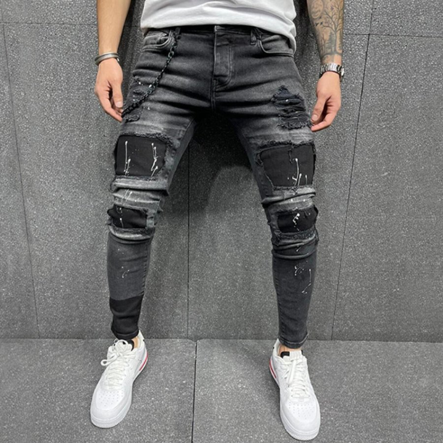 

Mens Patch Ripped Paint Dot Stretch Jeans