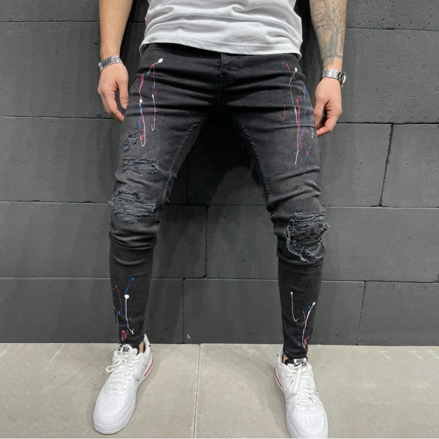 

New Ripped Printed Paint Stretch Jeans