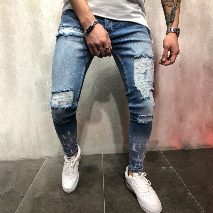 

High Street Style Thigh Hole Stretch Denim Trousers