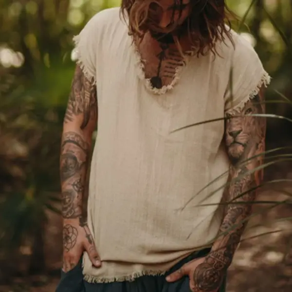 Mens Linen Minimalist Holiday Plain Tank Shirt - Styletaken.chimpone.com 