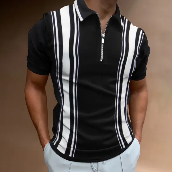 New Mens Holiday Black Solid Color Zipper Casual Polo Shirt - Fineyoyo.com 