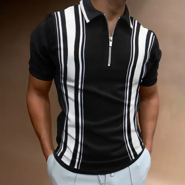 New Mens Holiday Black Solid Color Zipper Casual Polo Shirt - Kalesafe.com 