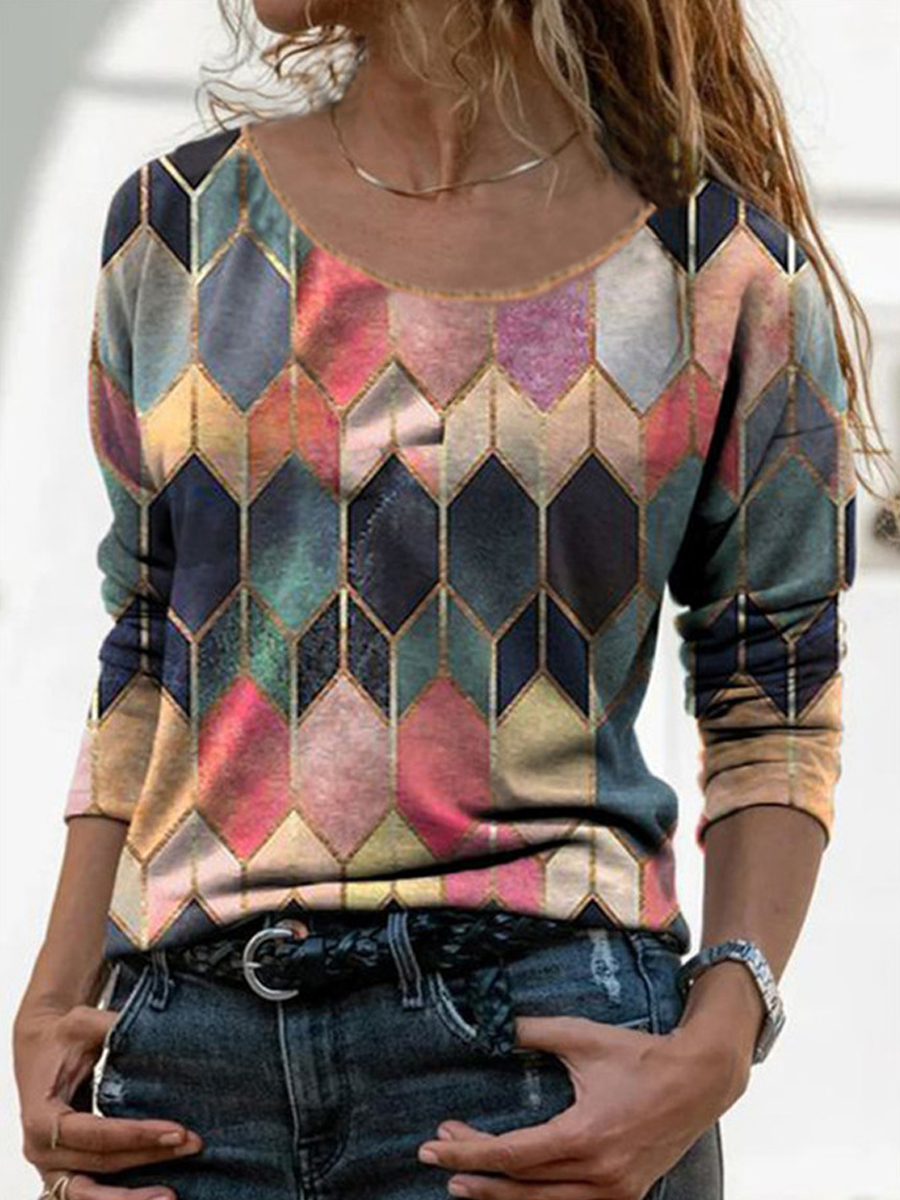 Round Neck Print Long Sleeve T-shirt 