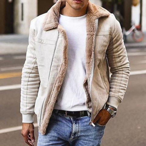 Mens Faux Leather Fleece Fur One Short Coat Large Lapel Mens Jacket