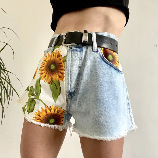 New Trend Sunflower Printed Light Blue Denim Shorts - Leanarea.chimpone.com 