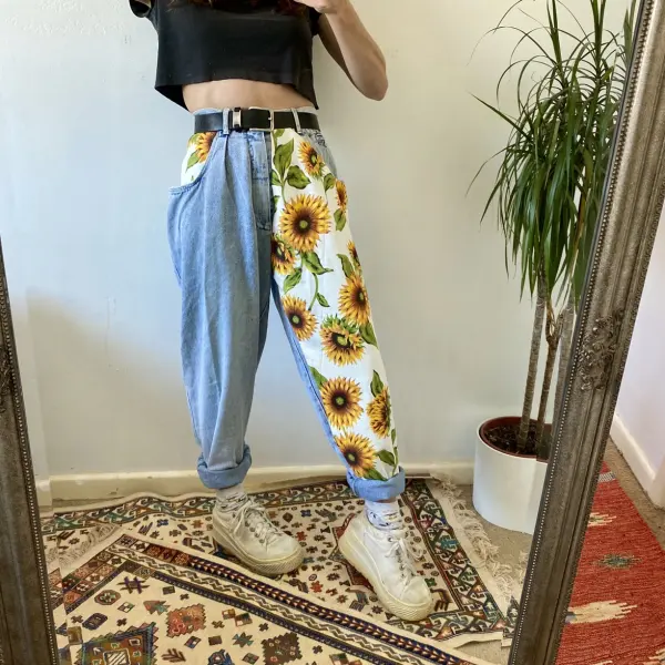 New Trend Sunflowers Printed Light Blue Jeans - Leanarea.chimpone.com 