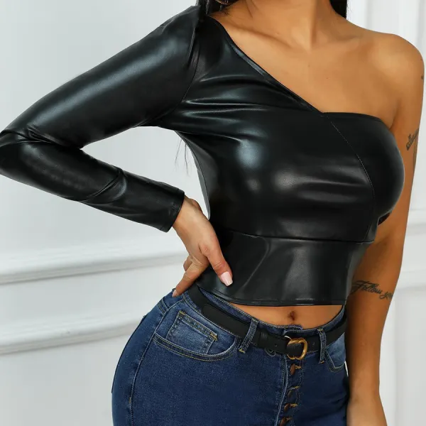 Autumn and winter off-shoulder solid color sexy long-sleeved PU leather shirt top - Leanarea.chimpone.com 