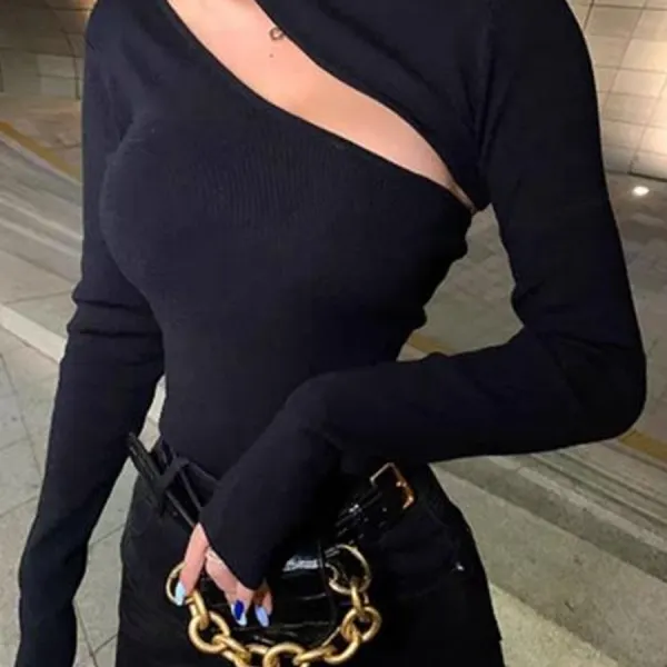 Solid color stand collar hollow long sleeve sexy T-shirt - Leanarea.chimpone.com 