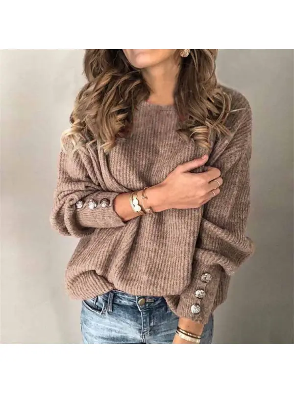 Round Neck Decorative Buttons Knit Top - Luvyle.chimpone.com 