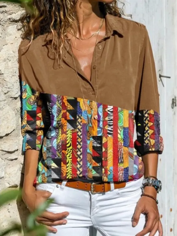 Printed Splice A Lapel Blouse - Luvyle.chimpone.com 