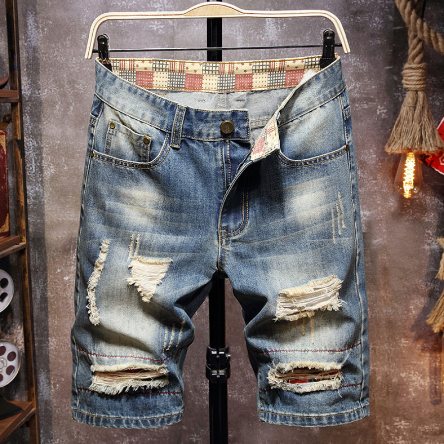 

Men's fashion retro ripped denim half pants