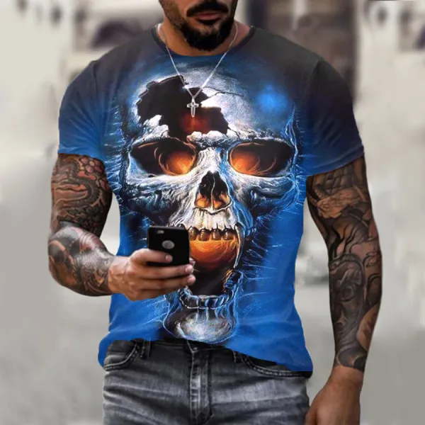 Skull On Blue Background Print T-shirt - Sanhive.com 
