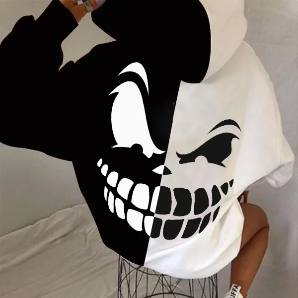 Retro black and white Halloween print hoodie - Leanarea.chimpone.com 