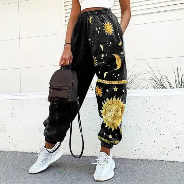 Ladies casual retro sun print loose fitness sweatpants trousers - Leanarea.chimpone.com 