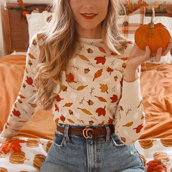 Vintage Casual Long-sleeved Leaf Print T-shirt - Leanarea.chimpone.com 