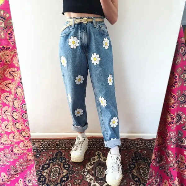 New Trend Daisy Printed Blue Jeans - Leanarea.chimpone.com 
