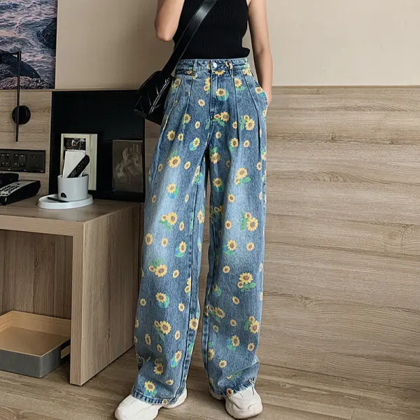 Fashion - new plus-size women's south Korean version of fashion high-waisted skinny Daisy print denim wide-leg pants - Leanarea.chimpone.com 