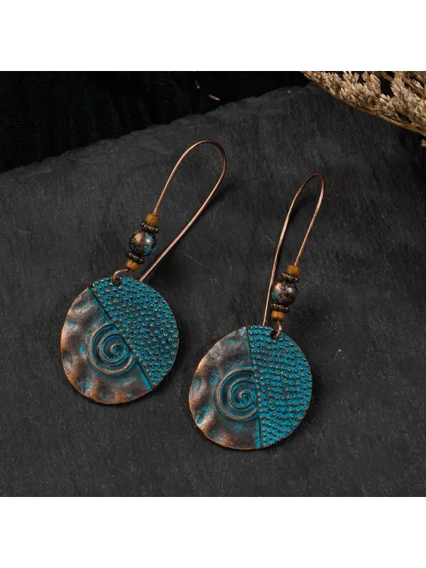 Ethnic style hand-made peacock blue retro copper color creative geometric compact oval earrings jewelry - Funluc.com 