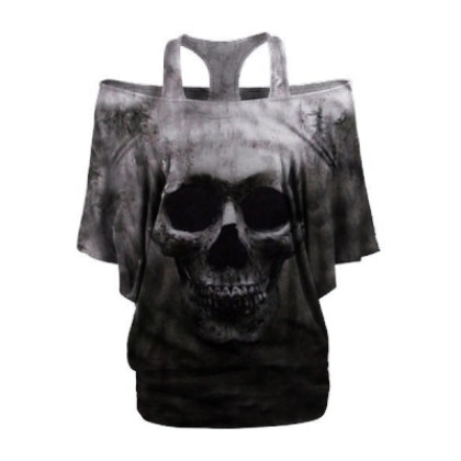 Women Skull print off shoulder bat sleeve short sleeve Shirt