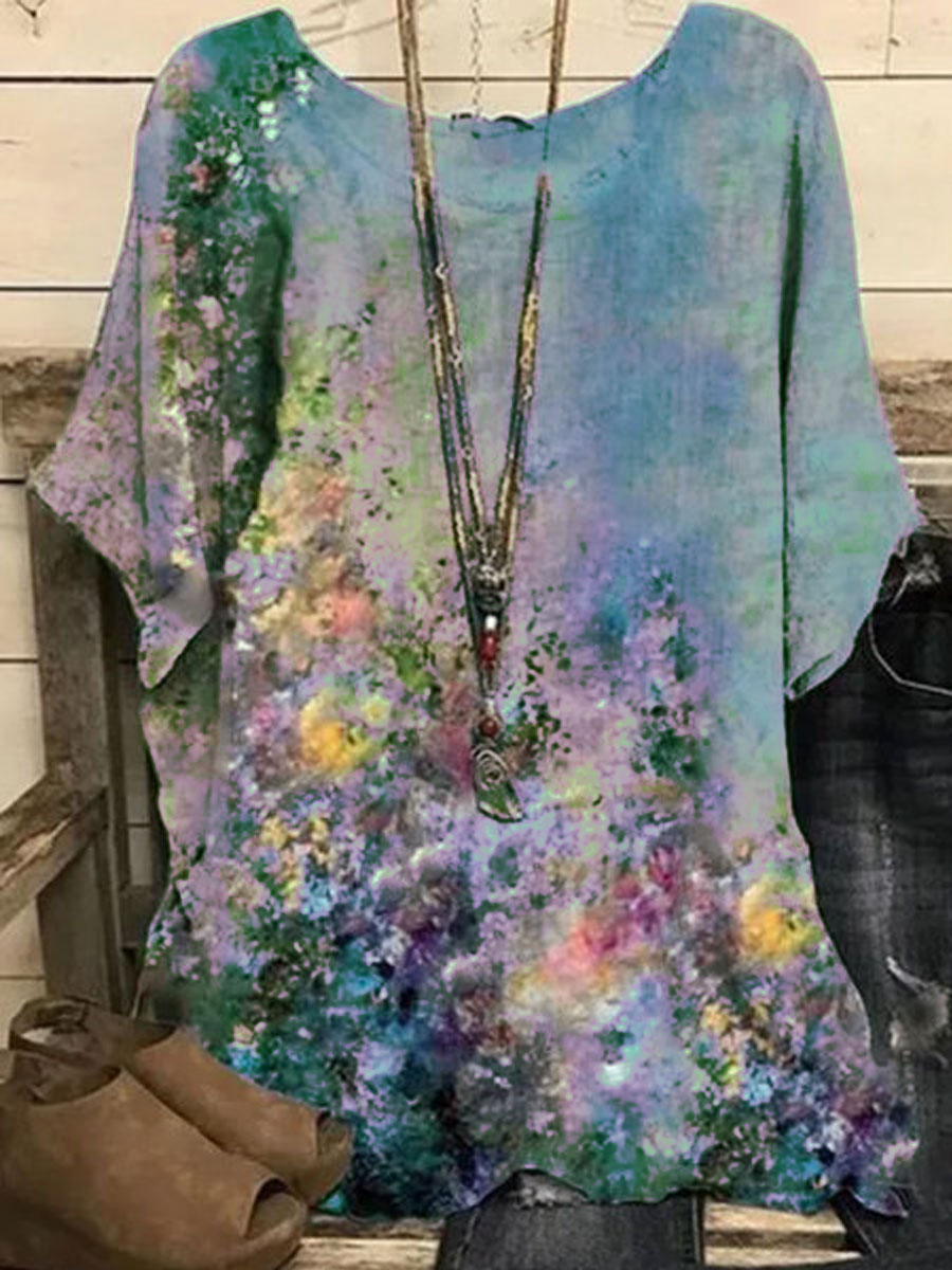 Cotton And Linen Loose Oil Painting Print Short sleeved Blouse