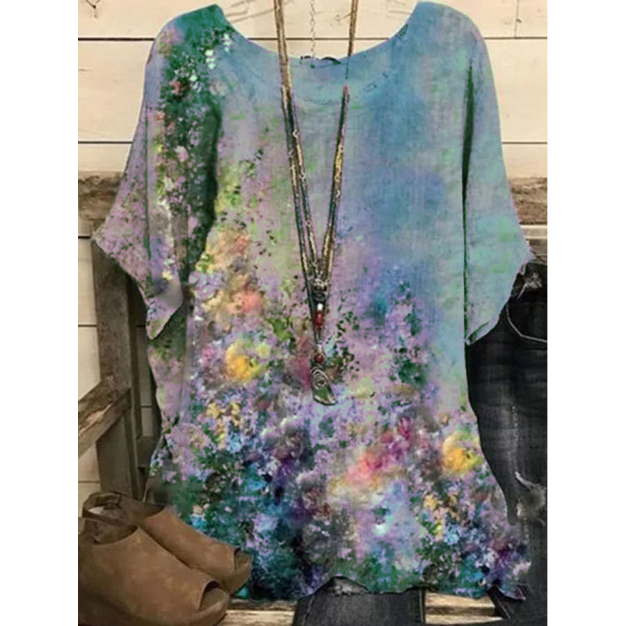 

Cotton And Linen Loose Oil Painting Print Short-sleeved Blouse