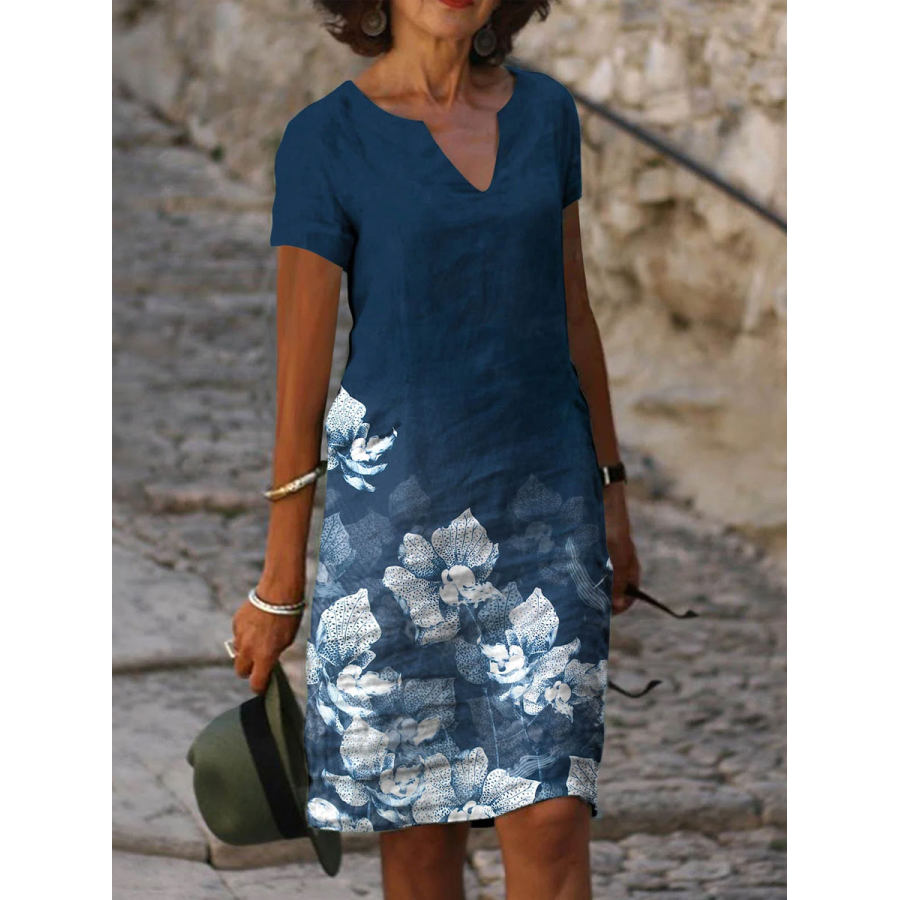 

V-neck Floral Print Loose Casual Short-sleeved Shift Dress