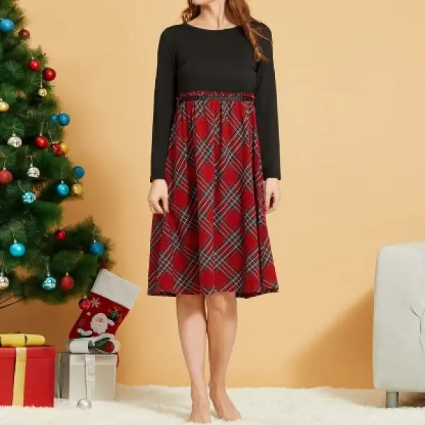 Fashion - Christmas family suit with long sleeve plaid shirt and patchwork dress - Leanarea.chimpone.com 