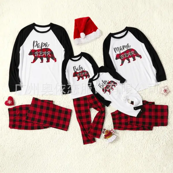Fashion - Autumn Christmas Parent-Son Suit Christmas Plaid Bear Print Editing Pyjama Set. - Leanarea.chimpone.com 
