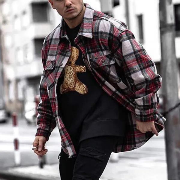 Street fashion check texture button jacket - Leanarea.chimpone.com 
