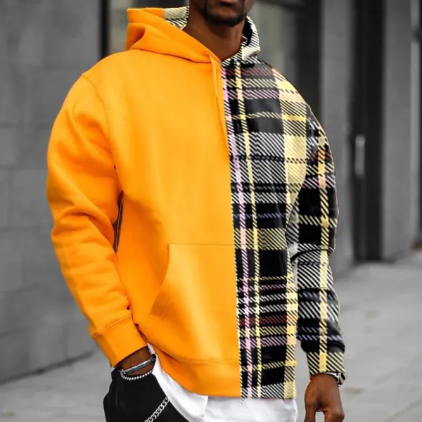 Street fashion casual plaid texture color block hoodie - Leanarea.chimpone.com 