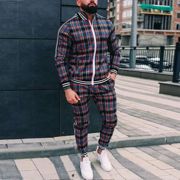 Men's fashion checkered ribbed contrast zipper street sports suit ...