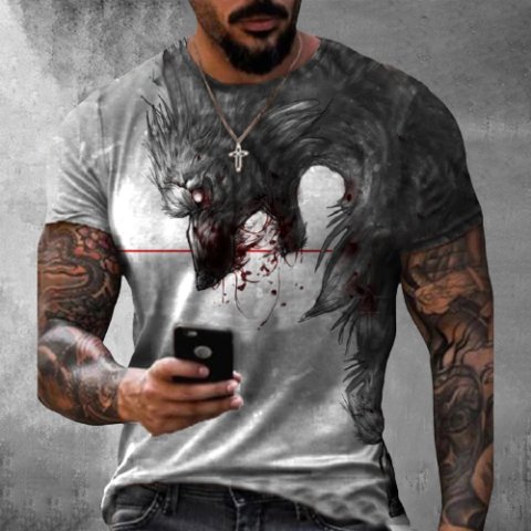 Men's Trendy Demon Wolf Dark Art Print Short Sleeve Crew Neck T-shirt